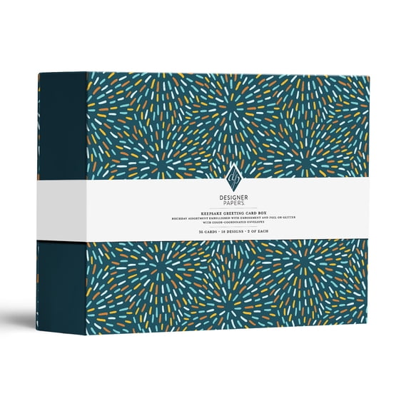 Designer Papers Birthday Greeting Card Assortment with Organizer Box (36 Cards with Envelopes) Sparks of Joy