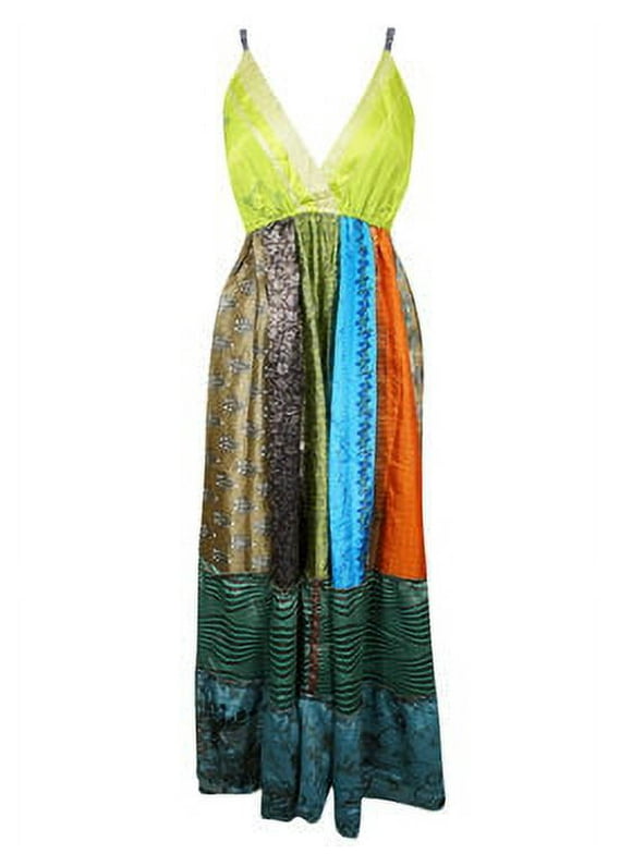 Mogul Womens Spring Fields Recycle Silk Strap Dresses, Green Fall Maxi Dress S/M