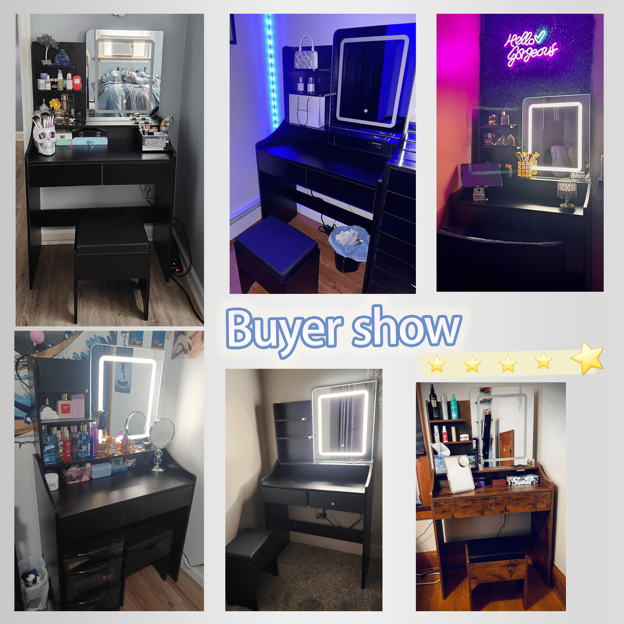 VEANERWOOD Makeup Vanity Set with Lights and Power Strip,Vanity Dressing Table with Drawers and Shelves for Bedroom,Black