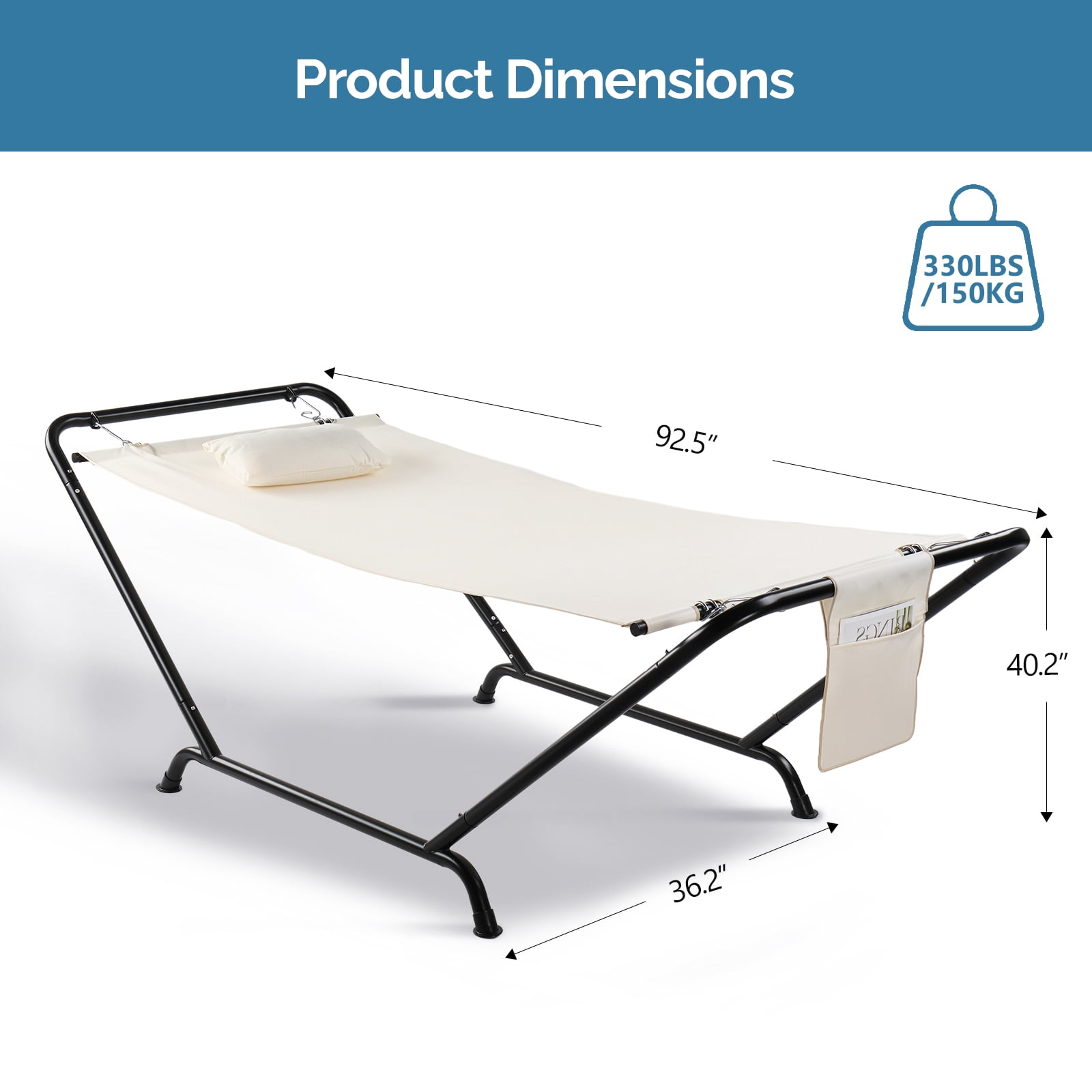 Freestanding Hammock with Stand 600LBS Heavy Duty Outdoor Hammock Bed with Soft Pillow And Storage Bag Beige
