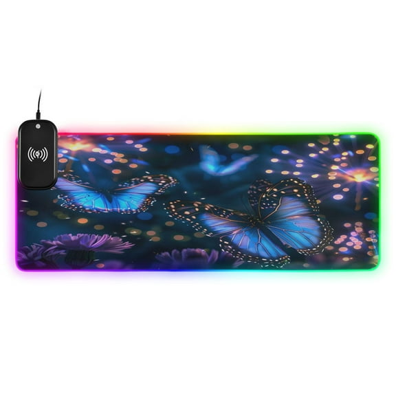 Wireless Charging Mouse Pad Large RGB Gaming Desk Mat 13 Light Modes Mousepad 31.5x11.8 Fireworks and Glowing Butterflies