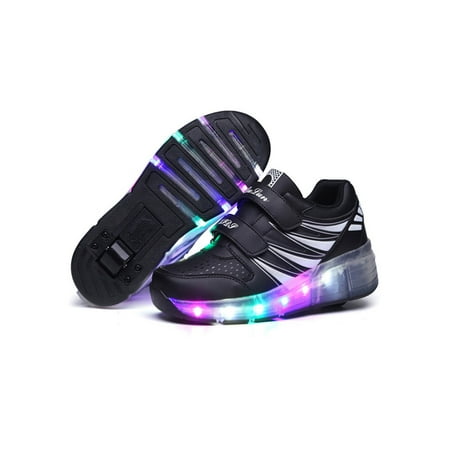 

Rockomi Girls Rollerskates Color Block Kick-Roller Shoes LED Light Up Roller Skates Boys Recyclable Lightweight Sneakers Fashion Glow Trainers Black Single Wheel 8.5