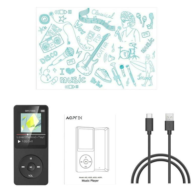 AGPTEK 32 GB MP3-speler met luidspreker, 70 uur batterijduur van de kleine en klassieke sport-MP3-batterij met 1,8 inch display, FM-radio, opname (zonder Bluetooth), TF-kaart tot 128 GB
