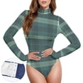 thumbnail image 3 of Grid Stripe Women's Mock Turtle Neck Long Sleeve Tops Bodysuit Jumpsuit One Piece Leotards Shirt, 3 of 8