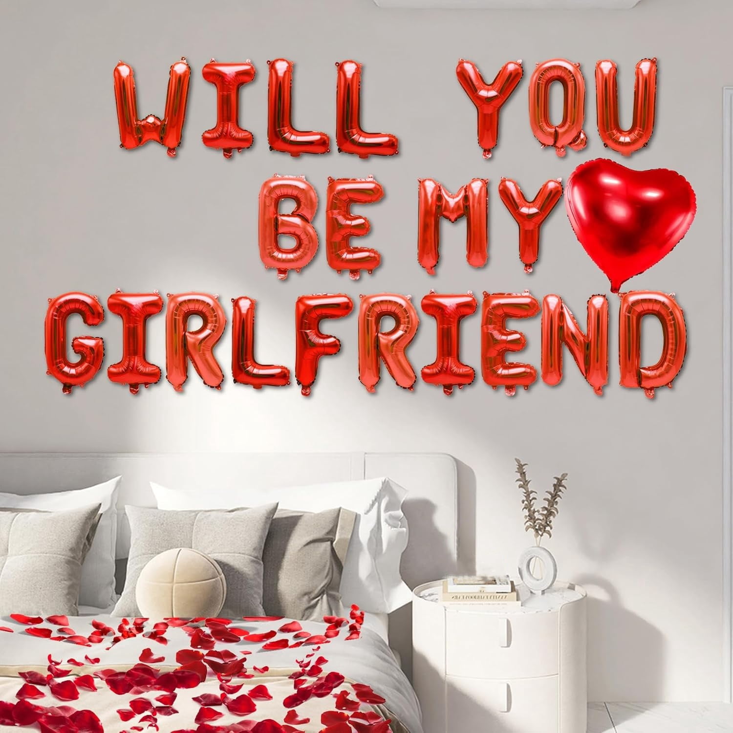 Boriyuan Will You Be My Girlfriend Balloons Set - 16'' Balloon Letters, 18'' Heart Shaped Balloons with 500 Pcs Artificial Rose Petals for Valentine Day Wedding Party Romantic Decorations (Red)