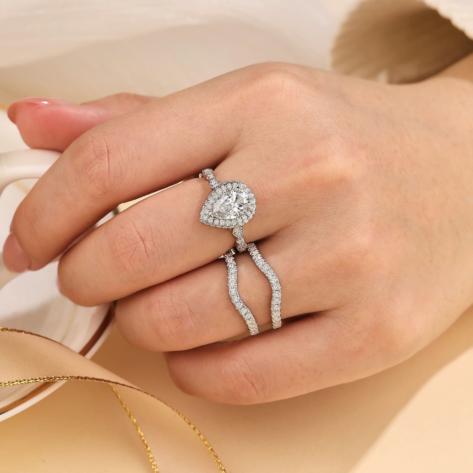 Newshe Jewellery Moissanite Wedding Rings for Women Pear Cut Engagement Ring Sets Teardrop Bridal Band Enhancer Size 7