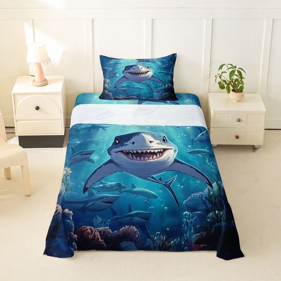 Feelyou Cartoon Kawaii Shark Twin Sheet Sets for Kids Boys Girls, Mystic Undersea Reef Animal Bedding, Blue, 3pcs