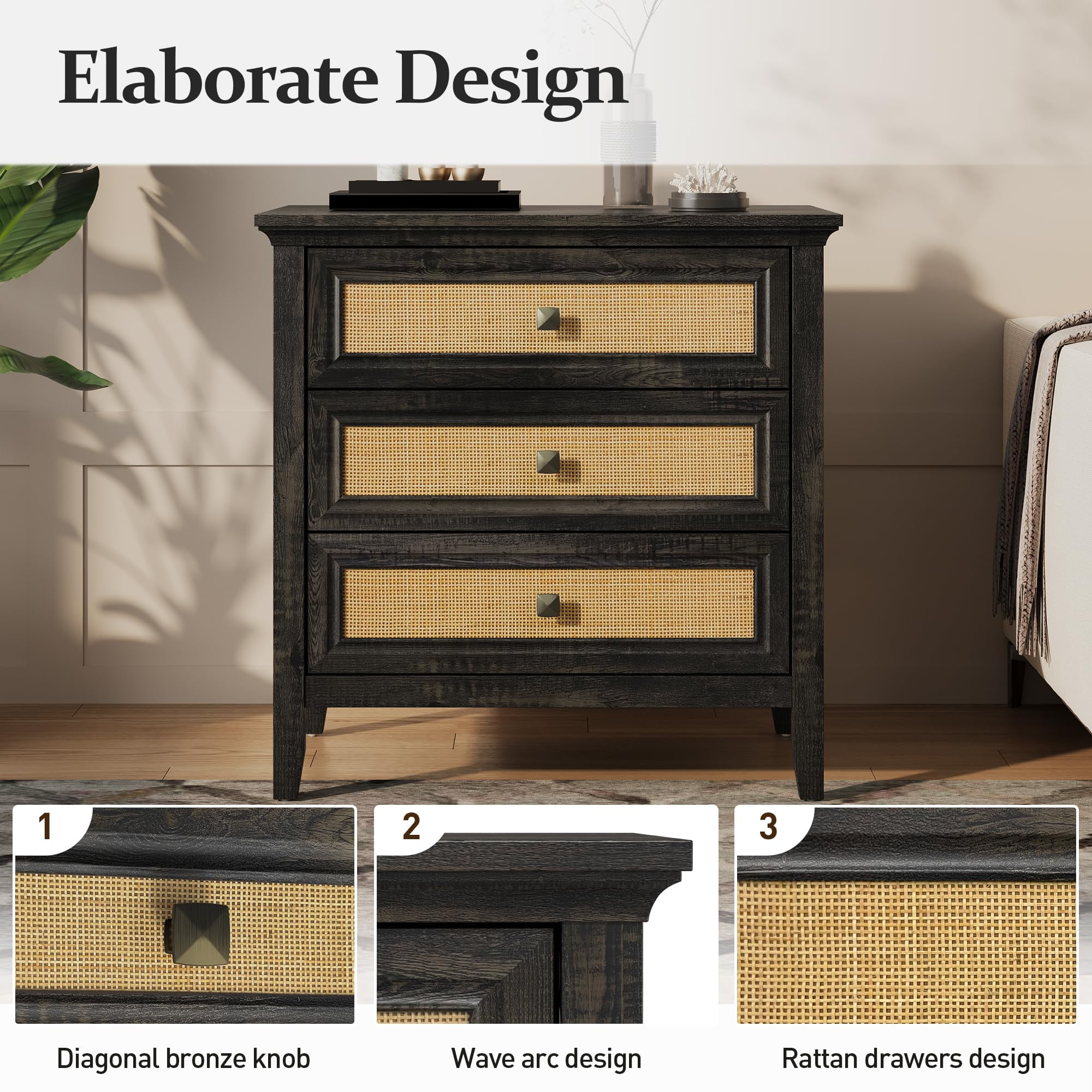 CozyHome 3 Drawer Nightstand, Rattan Dresser with Cane Drawers, Tall Boho Bedside Table for Bedroom, Living Room, Entryway, Hallway, Grey