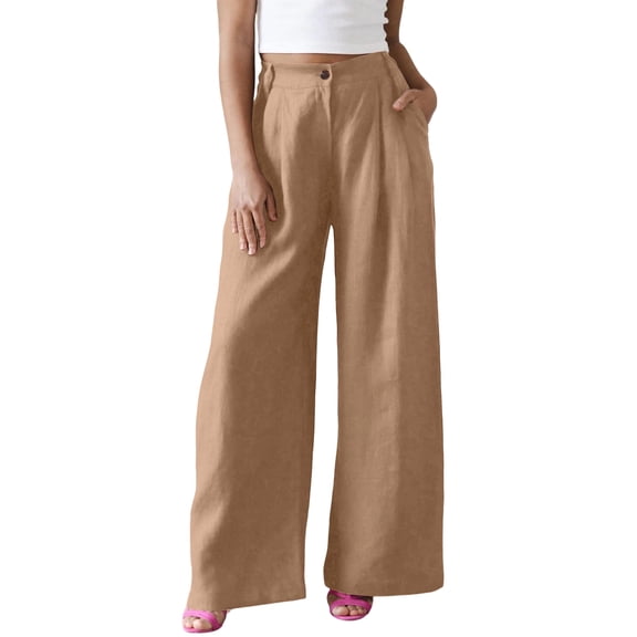 Wide Leg Pants Women High Waisted Pleated Cotton Linen Pants with Pockets Button Casual Pant Travel Vacation Outfits Camel S