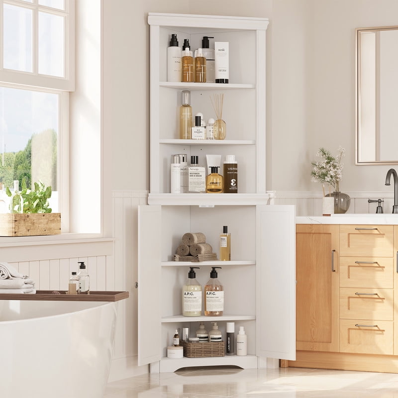 Lacoo 62'' Tall Corner Cabinet with 3 Shelves and 2 Doors, Corner Storage Cabinet Shelving Storage with Adjustable Shelves for Kitchen Living Room Bathroom, White
