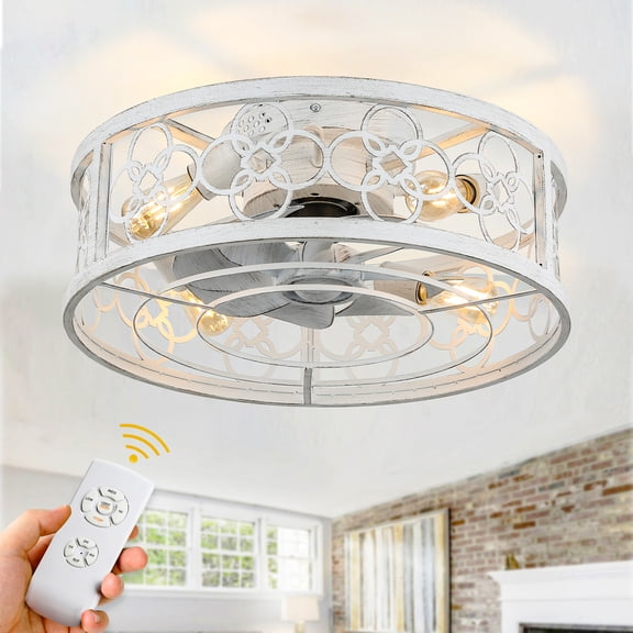 Bella Depot 20-Inch Distressed White Flush Mount Modern Ceiling Fan with Remote Control and Light Kit