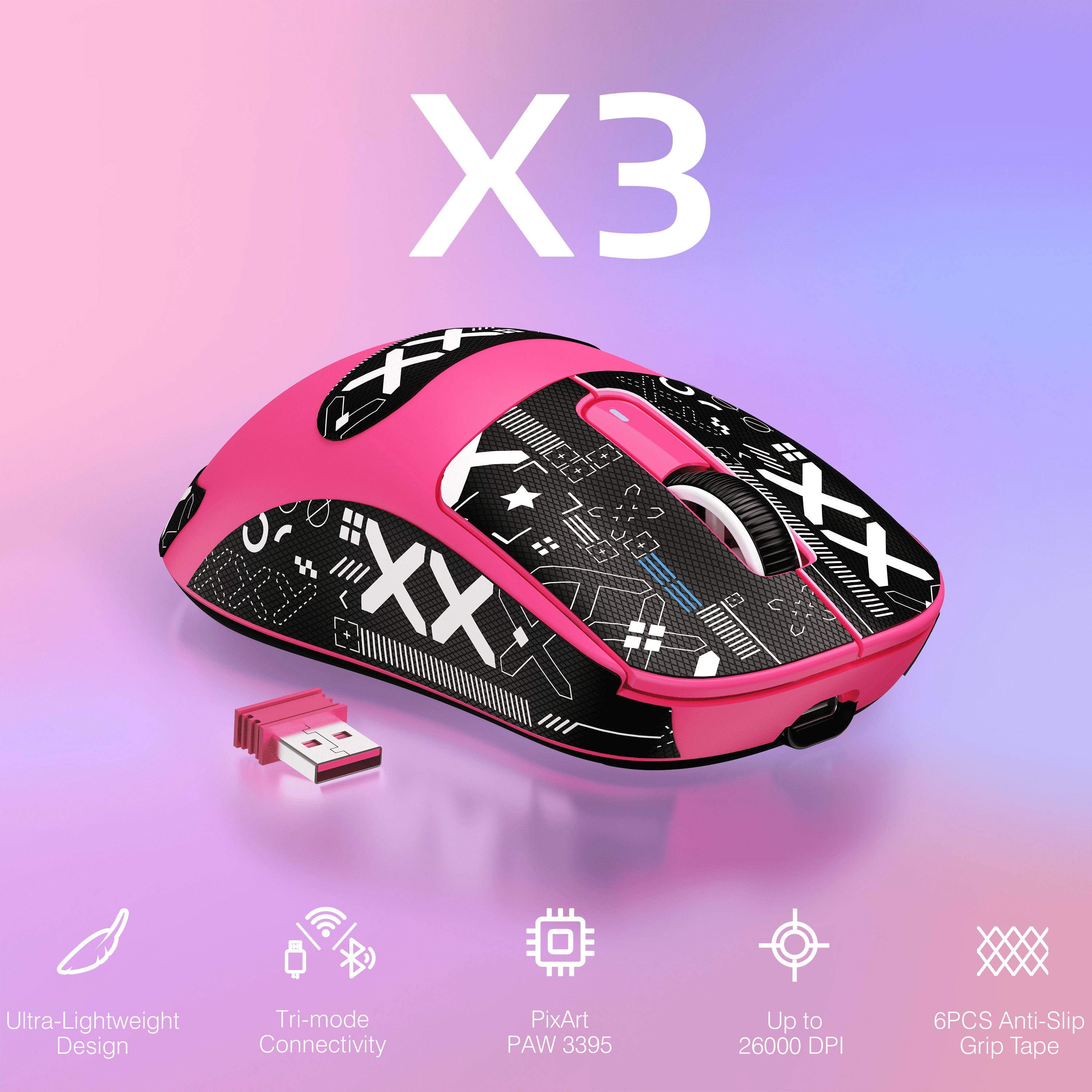 ATTACK SHARK X3 Wireless Gaming Mouse, 49g Ergonomic Design, Tri-Mode Bluetooth/2.4G/USB-C Wired, PAW3395 Optical Sensor, 26000 DPI, Programmable Buttons, for PC/Laptop/Mac, Berry with Griptape