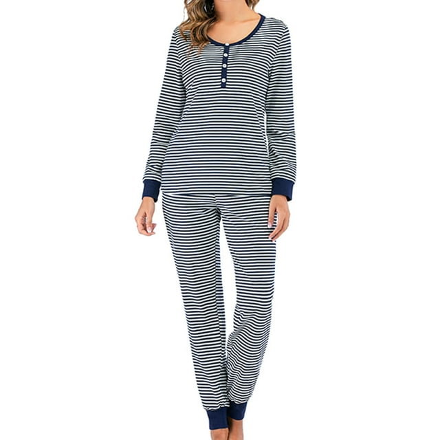 AherBiu Ensembles de Pyjamas à Manches Longues 2 Pcs pour Femmes, Hauts à Col Rond Boutonnés, Pantalons, Vêtements de Détente Rayés, Vêtements de Nuit