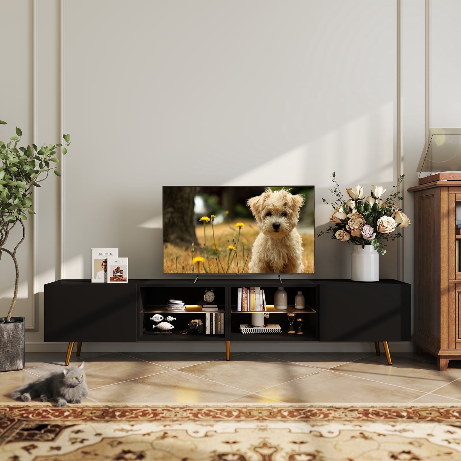 Bonzy Home 86" TV Stand, Television Console Table for 85" TV, Modern Entertainment Center with Storage Cabinets for Living Room, Black
