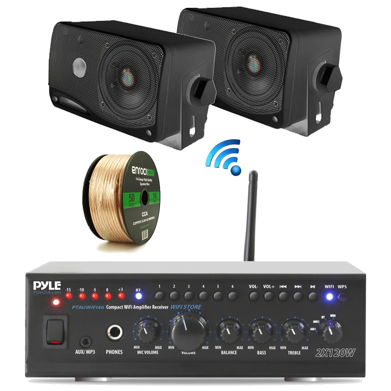 Pyle PTAUWIFI46 WiFi Stereo Amplifier 240-Watt Home Theatre Receiver, 2x Pyle 3.5" 200 Watt 3-Way Weatherproof Mini Box Speakers (Black), Enrock Audio Spool of 50 Foot 14-Gauge Speaker Wire - Walmart.com