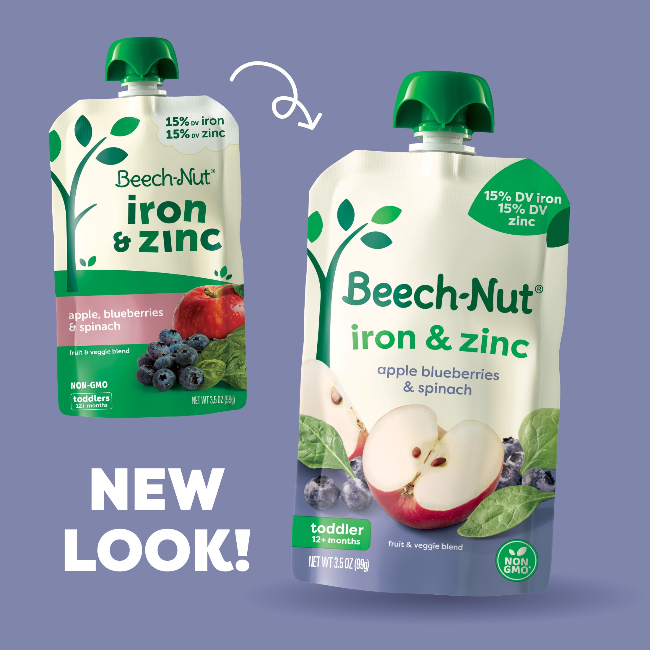 (12 pack) Beech-Nut Iron & Zinc Stage 4 Toddler Food, Apple Blueberry & Spinach, 3.5 oz Pouch