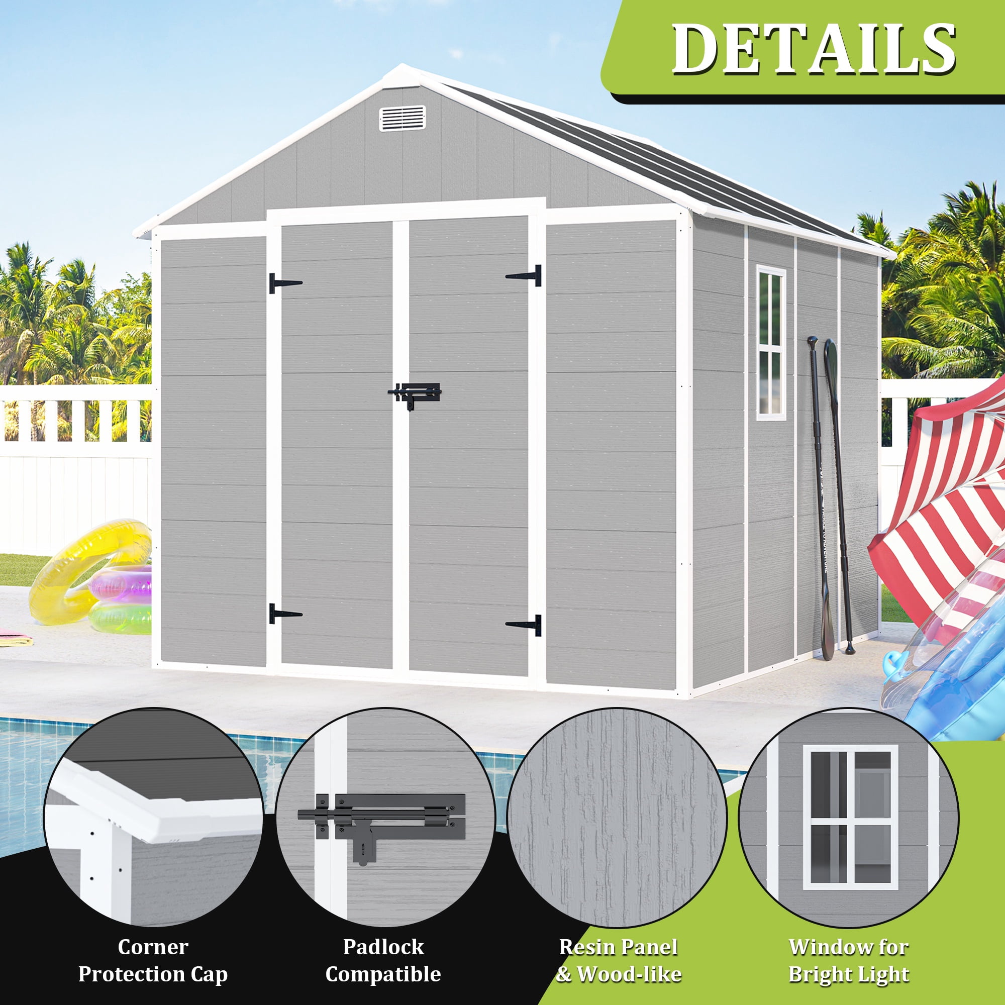 Seizeen Resin Shed, Outdoor Storage Shed 7.15 x 8.26FT Extra Large, Outside Garden Shed for Lawn Mover Bike Tool, w/Double Doors, Air Vents, Double Windows, PP Floor