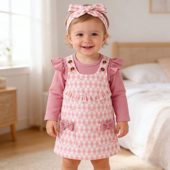 SONGGE Baby Girl Corduroy Pinafore Dress Long Sleeve Bodysuit Bandana Three Piece Outfit Sets For Toddler Photos Cartoon Birthday Clothes Sets