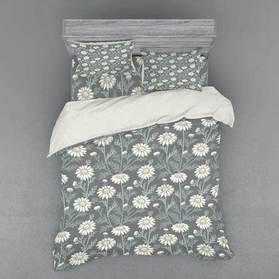 Ambesonne Floral Bedding Set 4 Pcs, Daisy Petals Gardening, Queen, Grey Coconut Sage Green