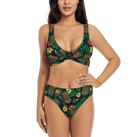 Zeuib Hawaiian Tribal Mask High Waisted Tummy Control Bikini Set - Knot Front Push Up Top & Cheeky Thong Bottom  Two-Piece Swimsuit for Women-Large
