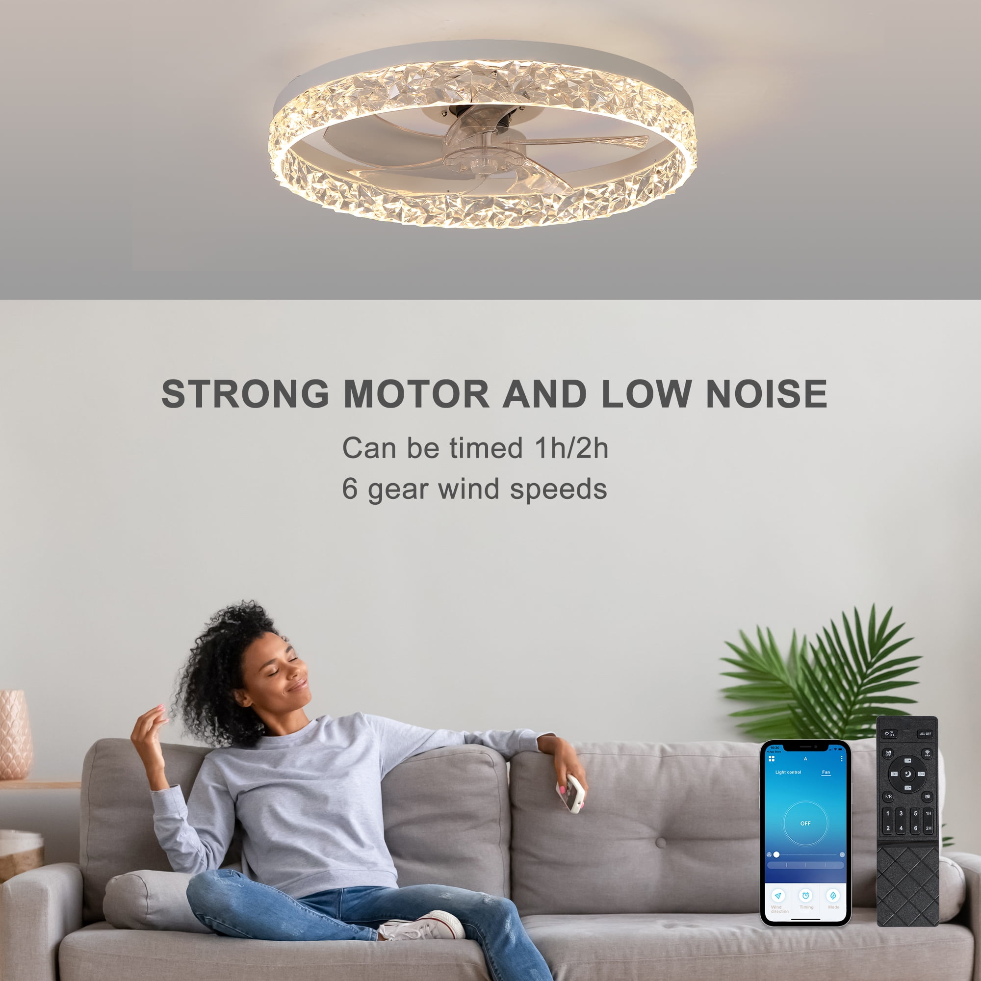 Ceiling Fan Light with Remote Control, Dimmable LED Chandelier, 6-Speed Adjustable, Quiet Motor, Flush Mount Design for Living Room, Bedroom, Dining Room