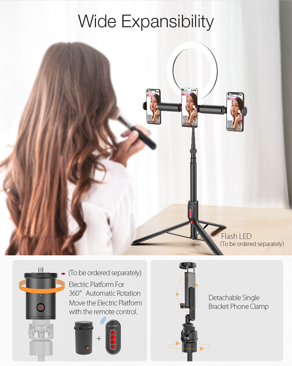 Blitzwolf Bluetooth 5.0 Selfie Stick, Multi-Device Tripod in One, Wireless Remote Control with Horizontal Rotation Adjustment, Phone Ring Light, Adjustable Length, Suitable for DSLR YouTube Tiktok Mak - image 3 of 11