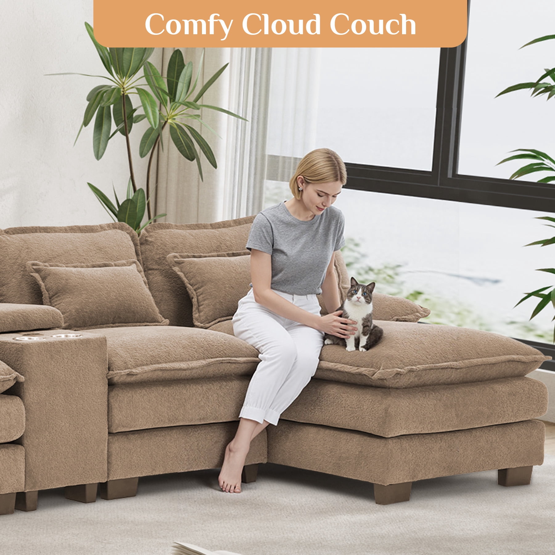 Wiilayok 133" U Shaped Cloud Couch Modular Sectional Couches for Living Room Fluffy Chenille Deep Seat Sofa Set with Double Chaise Lounge, Storage Central Console, Cup Holders, USB Port, Light Brown