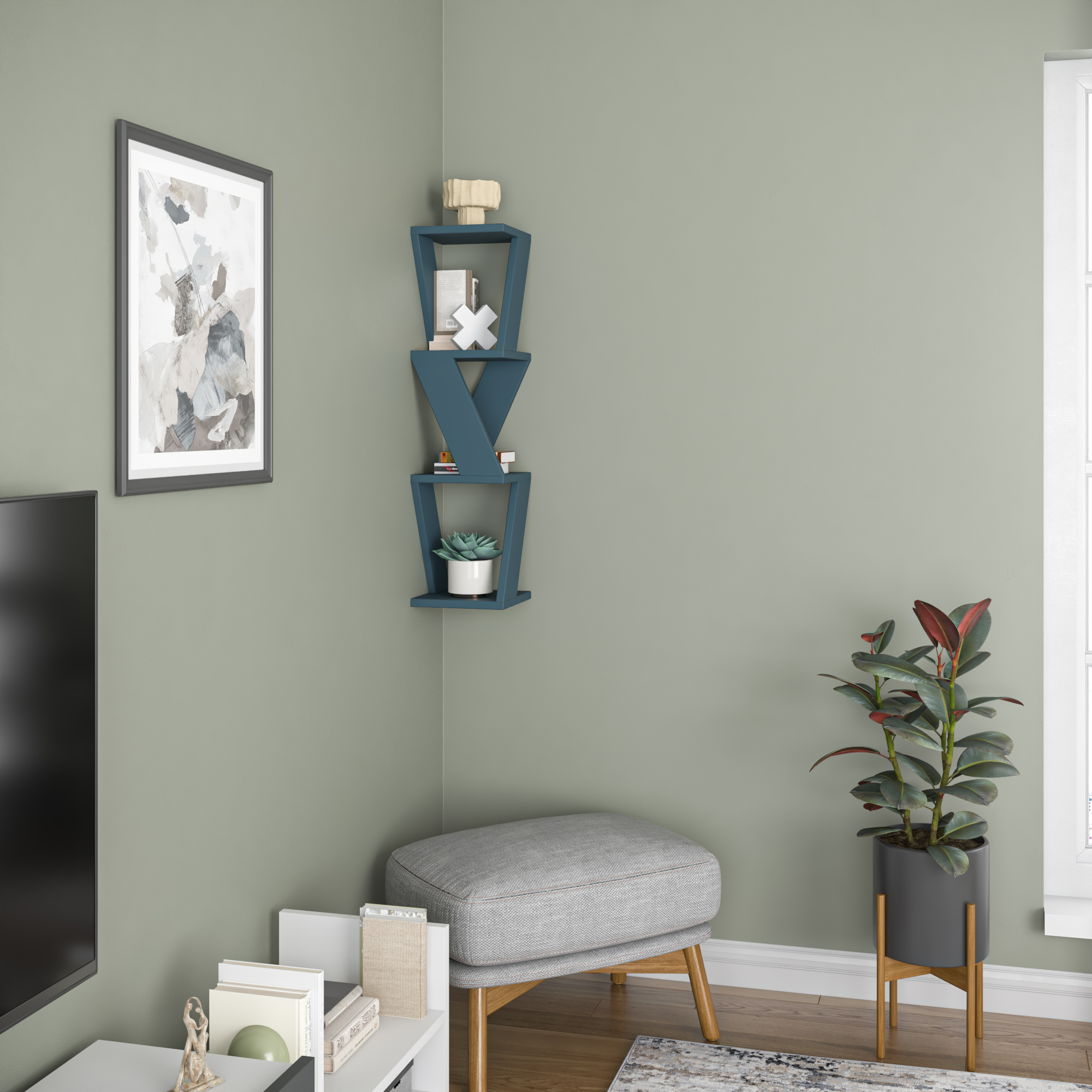 Ada Home Decor Furniture 8.66" 3 Tier Petrol Blue Chicago Modern Wall Shelf