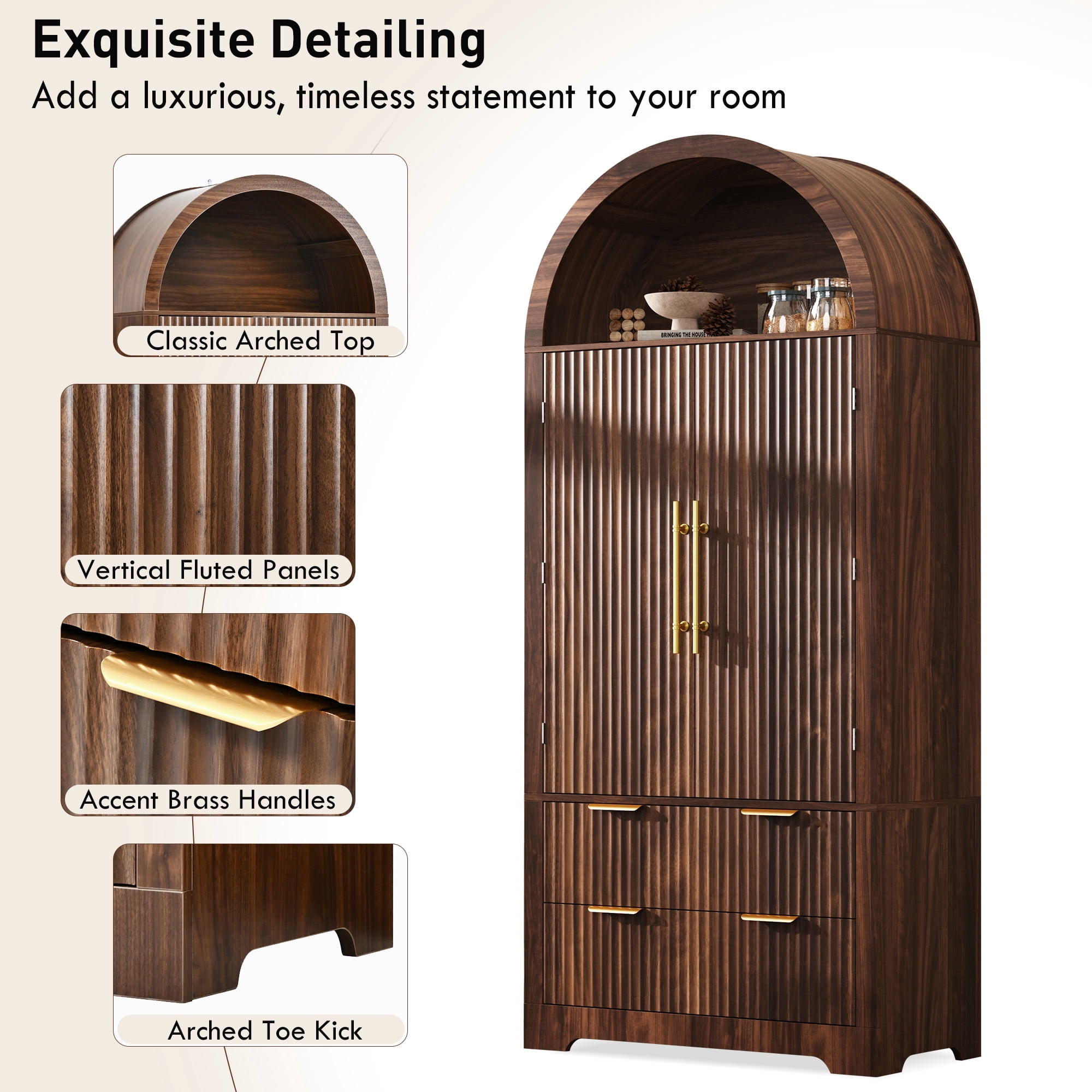 Homy Casa 72" Tall Arched Pantry Cabinet with Fluted Doors, Adjustable Shelves and 2 Drawers, Walnut