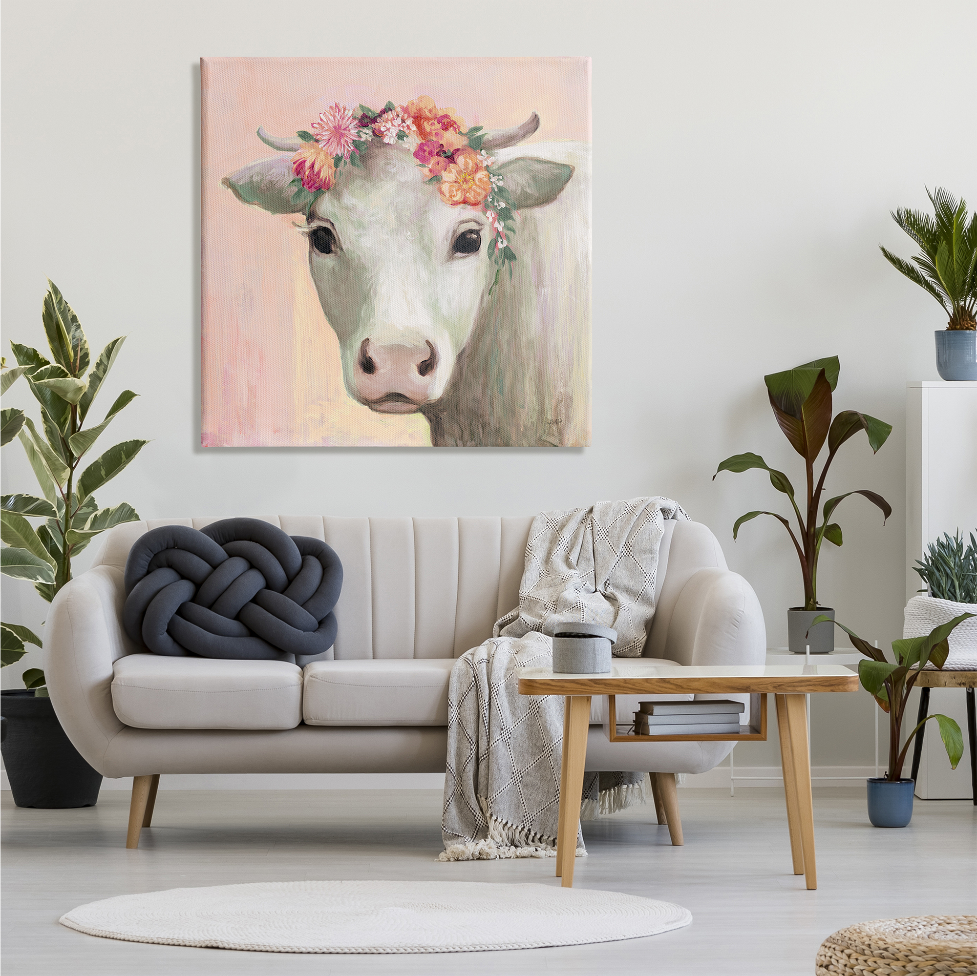 Stupell Industries Baby Horned Cattle Wildflower Floral Crown Soft Pink, 36 x 36, Design by Julia Purinton