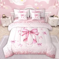 Manfei Ribbon Bowtie 7pcs Bedding Comforter Set,Kawaii Bow Knot Queen Bedding Sets,Pink Sparkling Print Queen Sheet Sets For Kids,Super Cozy Room Decor Reversible