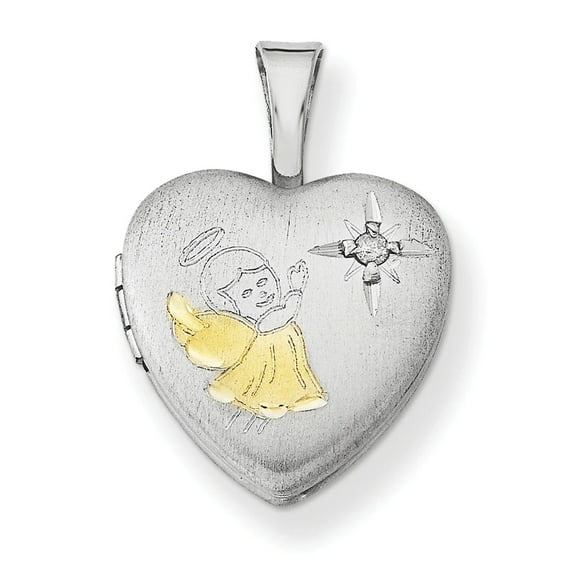 Finest Gold Sterling Silver Rhodium & Gold-Plated & Diamond Angel 12 mm Heart Locket