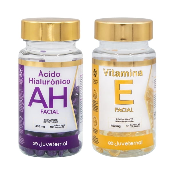 JUVETERNAL Dúo Cápsulas Faciales Vitamina E + Cápsulas Faciales Ácido Hialurónico, 90 cápsulas c/u Hidratación, Elasticidad