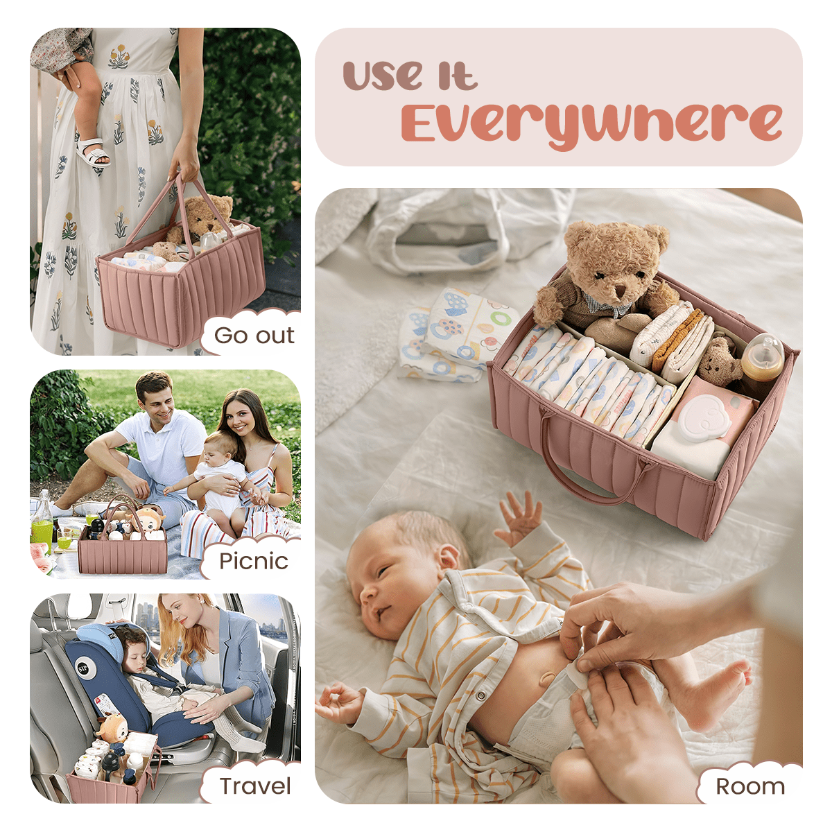 Stylish Baby Diaper Caddy Organizer, Baby Diaper Caddy Basket, Breathable & Washable - Storage Basket for Diapers, Car Caddy Organizer, Nursery, Baby Gift Registry Newborn Essentials, Rouge Pink