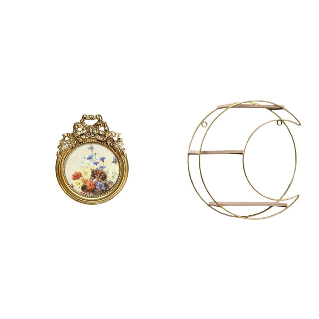 Marco de fotos redondo,Pequeño cuadro dorado vintage para la pared,Marco de fotos redondo decorativo de resina con ornamentos,Estante de almacenamiento de pared,Estantería metálica de pared