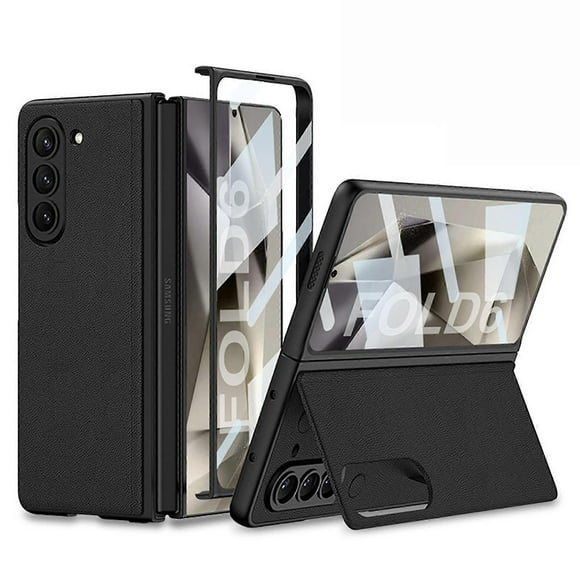 for Samsung Galaxy Z Fold 6 Case with Kickstand, Ultra Thin Slim Case Built in Screen Protector, Wireless Charging Leather Cover for Z Fold 6