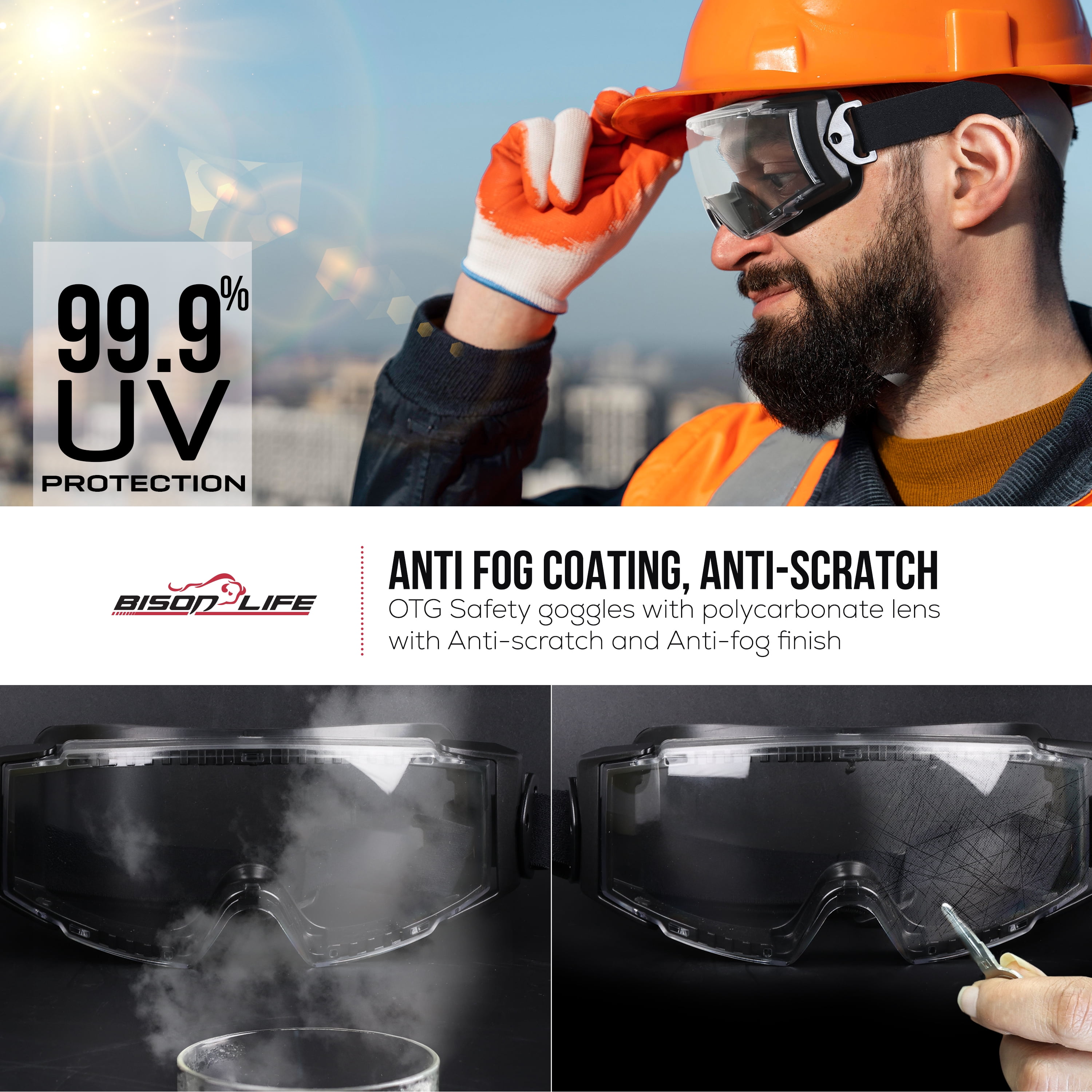 BISON LIFE Chemical Splash & Impact Resistant Safety Goggles, Anti-Fog Clear Lens Protective Eyewear, ANSI Z87.1 , Lab & Industrial Eye Protection, Fits Over Glasses, Pack of 1