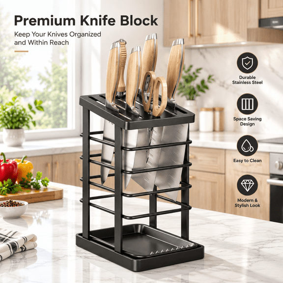 Stainless Steel Knife Holder Block with Drain Tray – Countertop Kitchen Knife Organizer, Universal Knife Stand for Chef Knives & Scissors, Durable Alternative to Magnetic Strips