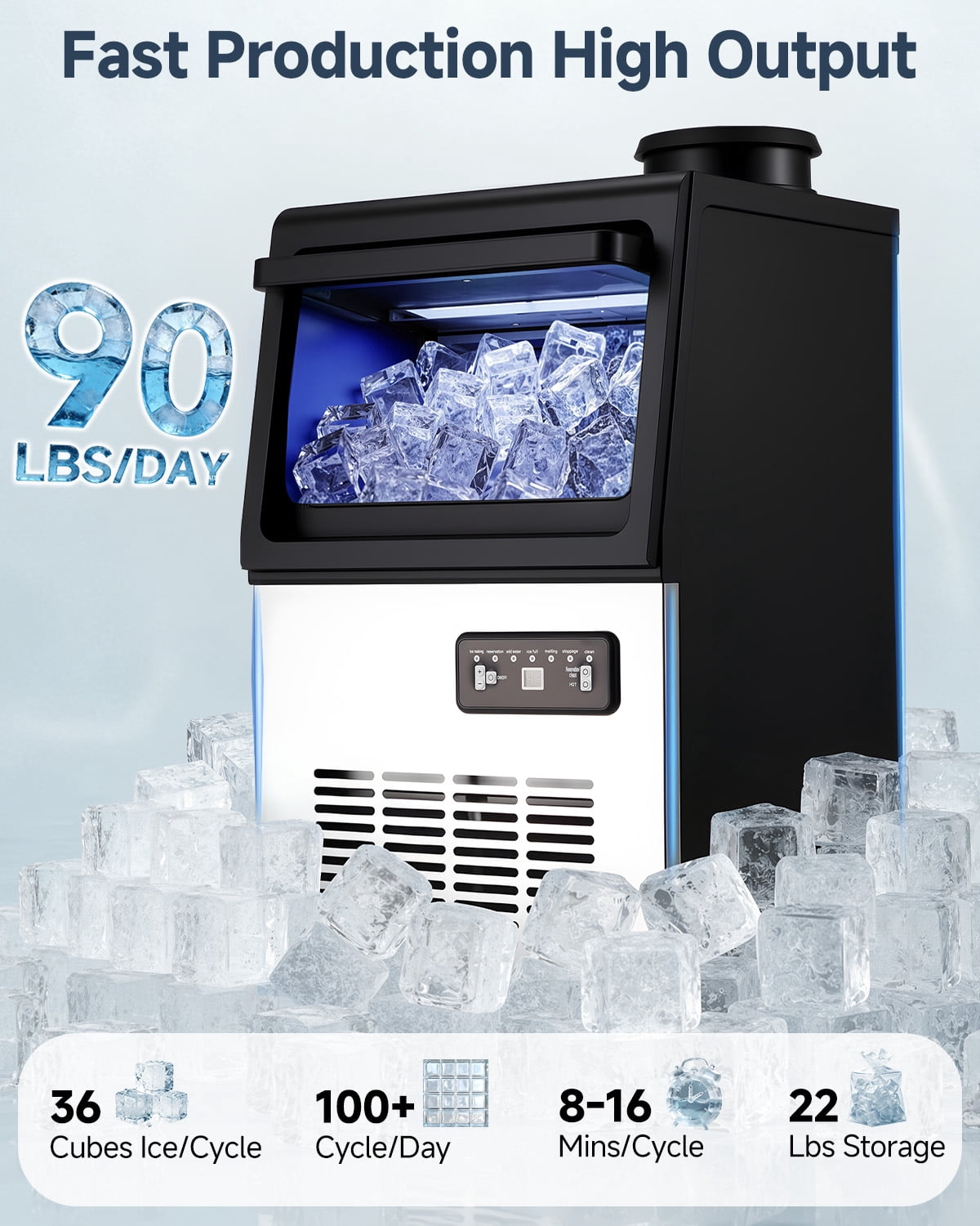 JFHID 90LBS/24H 2-in-1 Countertop Ice Maker, Freestanding Ice Machine with 2 Water Inlets