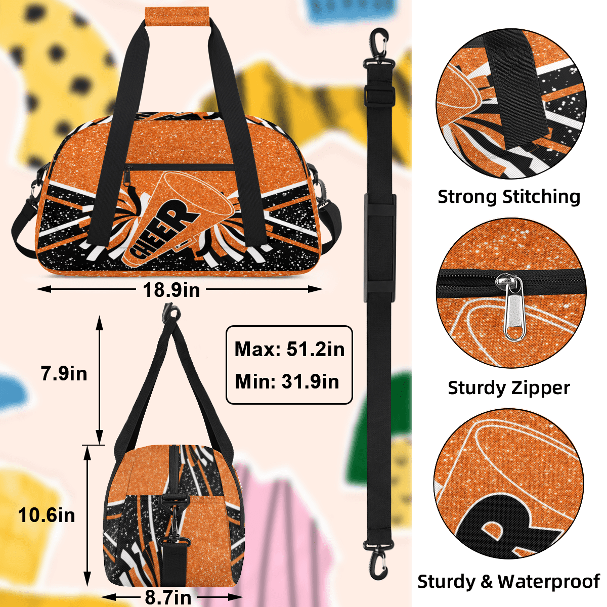 Herdesigns Cheer Bags Overnight Duffel Bags Cheerleading Orange Black Sport Gym Bag Travel Bag Travel Waterproof Weekender Bag Carry On Travel Tote Bag Dance Bags