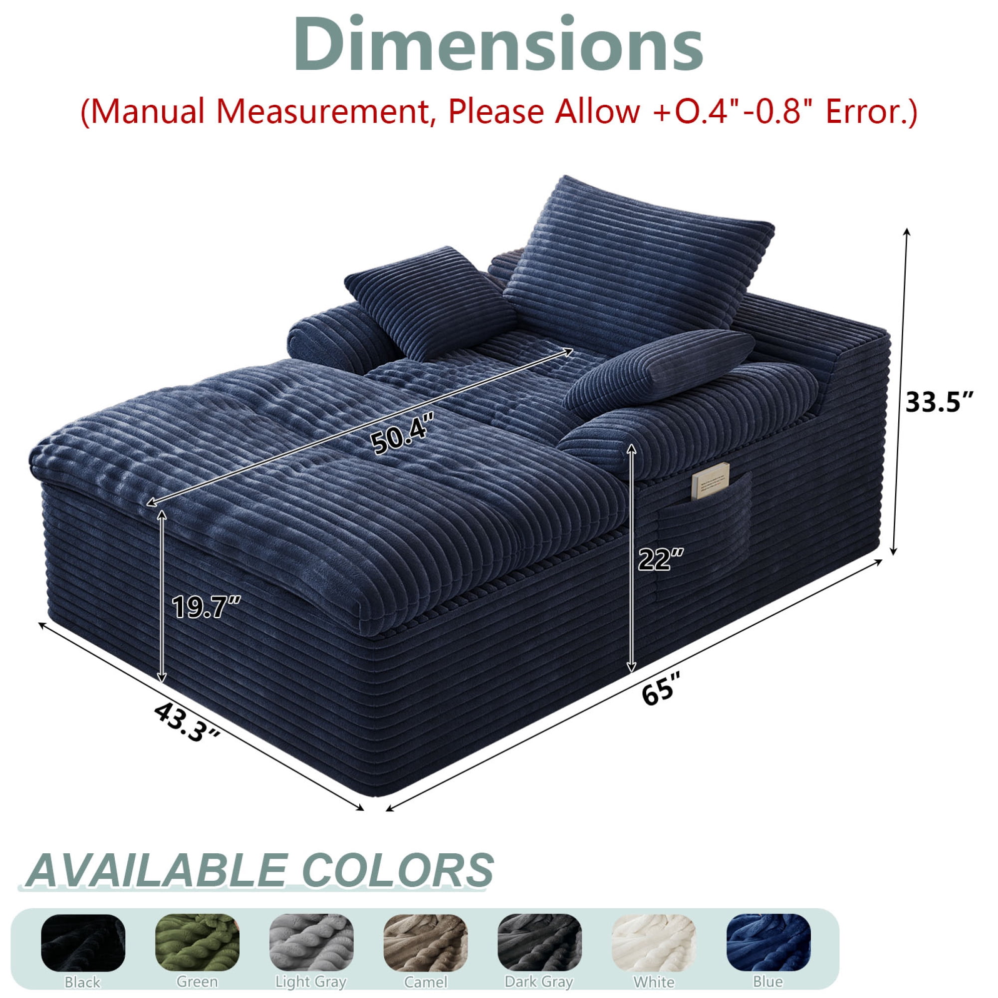 HOQBN 65" Chaise Lounge Chair Indoor,Oversized Boneless Sofa Bed with 3 Pillows,Cloud Reading Chair for Living Room Bedroom, Deep Seat Sleeper Couch, No Assembly Required,Aged Blue