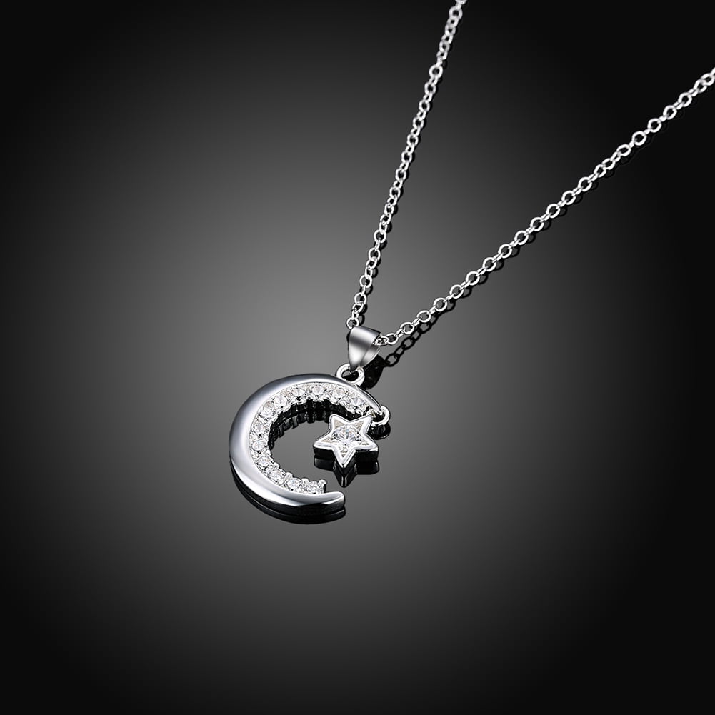 Moon and Star Pendant Necklace Silver Plated With Quality Crystals