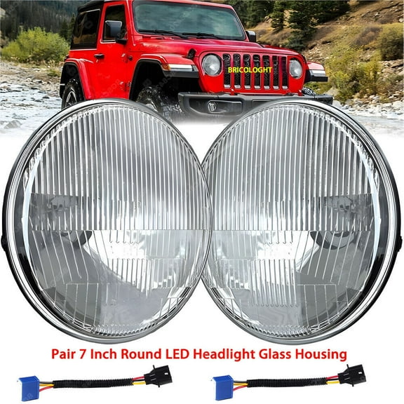 Pair 7 Inch Round LED Headlight Glass Housing Lamp For Jeep Wrangler JK LJ TJ CJ