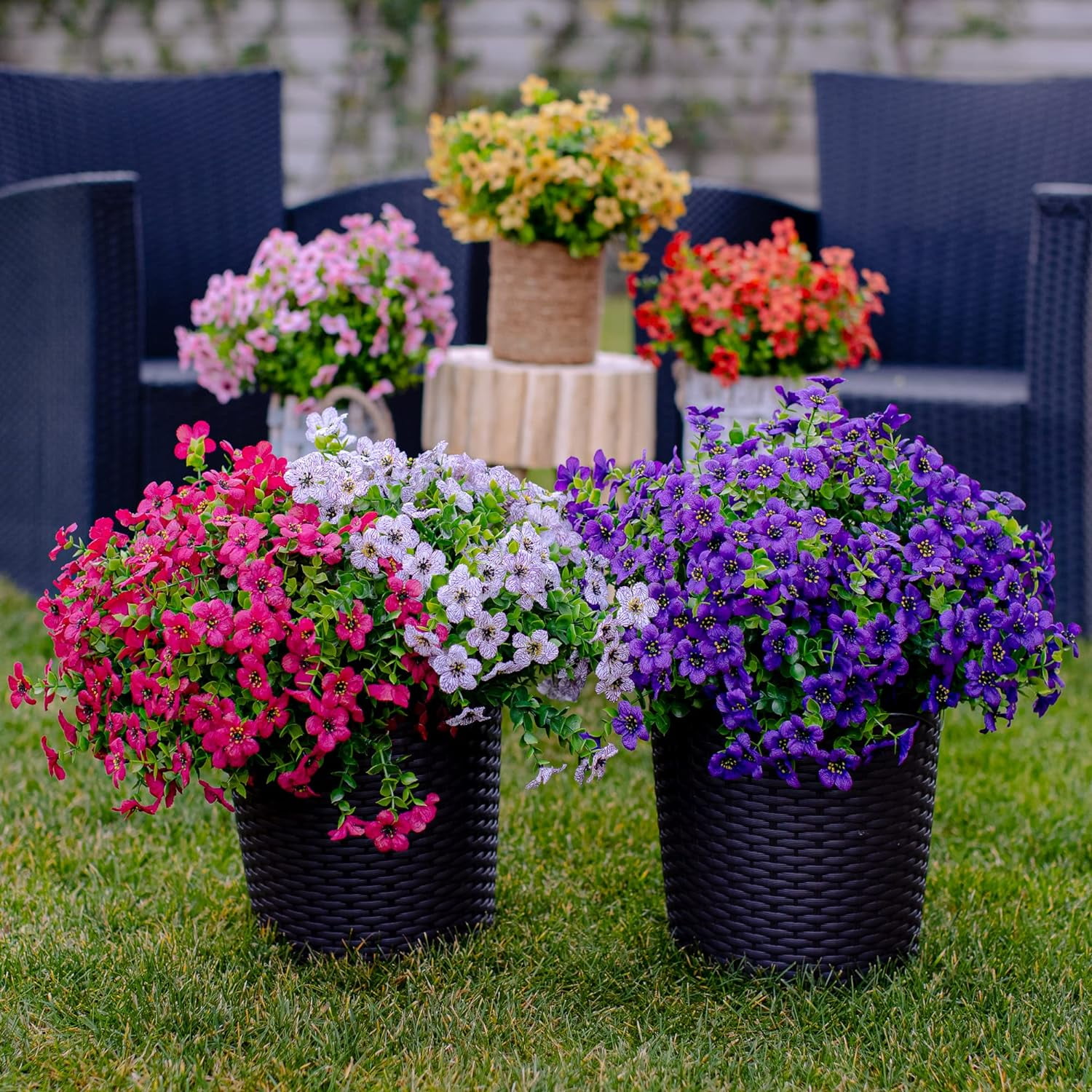 TETOU 16Pcs Artificial Plants Flowers, 13.8*7.5" Fake Silk Colorful Daisy Eucalyptus, UV Resistant Fake Flowers with Plastic Plants for Outside Home Porch Patio Window Yard Decor, Purple