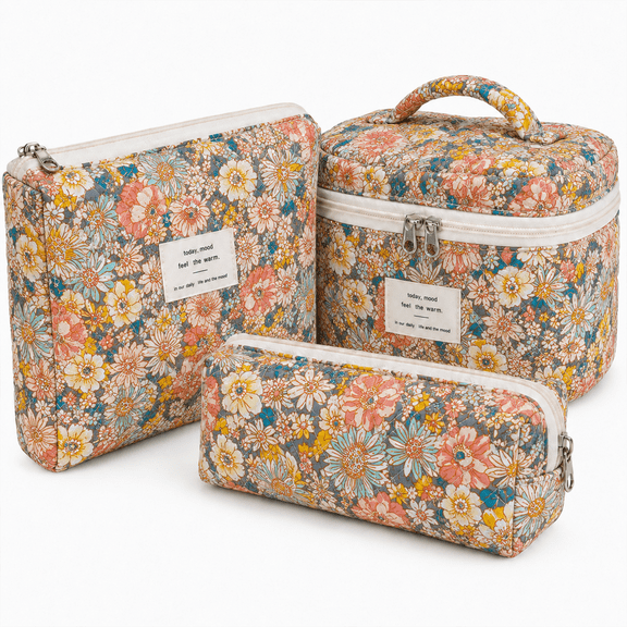 Lomyolo 3 Pcs Quilted Makeup Bag Set for Women, Cute Floral Cosmetic Bags, Large Travel Toiletry Bag, Makeup Pouch & Brush Bag Organizer - Vintage Garden Floral