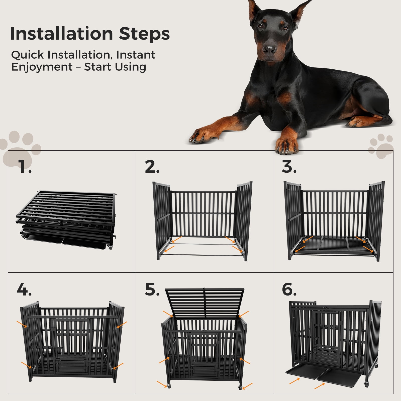 Heavy Duty Dog Crate 43 Inch, Escape-Proof Indestructible Cage for High-Anxiety Dogs, 3-Door Kennel with 4 Lockable Wheels and 2 Removable Trays Ideal for Large & Medium Breeds
