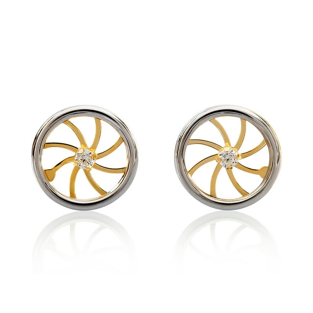 Aretes de oro 14k GIALLO Broquel Rueda de oro amarillo brillante y oro blanco brillante con circonia