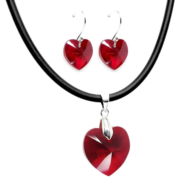 Juego de aretes y collar ZVEZDA de caucho con dije en forma de corazón plata mexicana ley .925 rojo