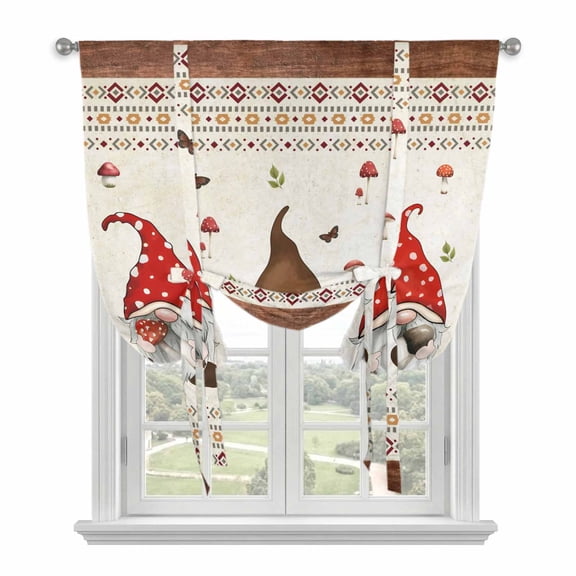 Boho Gnomes Tie Up Curtains for Windows, Adjustable Balloon Window Shades, Farmhouse Vintage Geometric Mushroom Brown Kitchen Window Treatments Adjustable Roll Up Curtain for Basement/Nursery 52"x45"