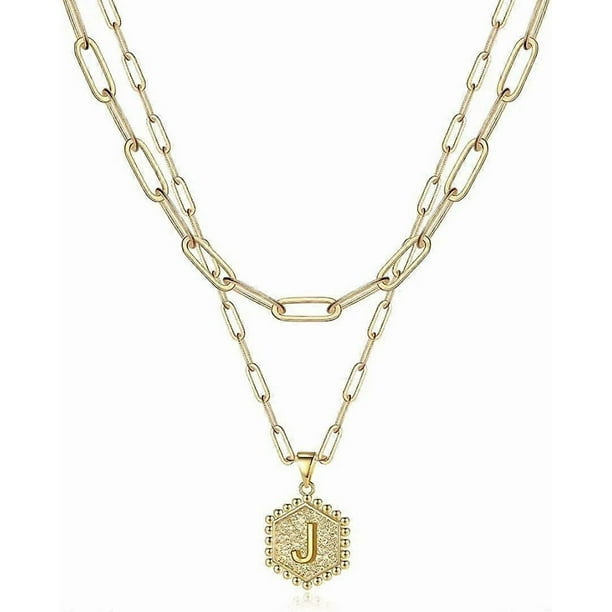Dainty Layered Initial Necklaces for Women, 14K Gold Plated Paperclip Chain Necklace Simple Cute Hexagon Letter Pendant Initial Choker Necklace Gold L